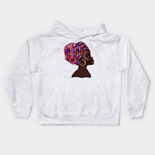 Afro queen With pink Kinte headwrap- Mahagony brown skin girl with thick glorious, curly Afro Hair and gold hoop earrings Kids Hoodie by Artonmytee